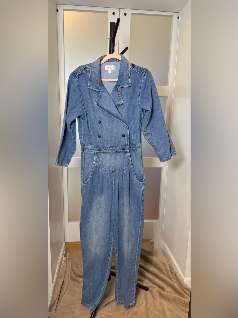 Frame Denim Military Band Pleat Front Jumpsuit, Size Medium.
